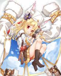 Rule 34 | 1girl, absurdres, animal ears, belt, black socks, blonde hair, blue sky, blush, boots, unworn boots, brown footwear, brown shorts, coat, cylinder, cylinder (weapon), fox ears, full body, gas-seal revolver, girls&#039; frontline, gun, handgun, hat, highres, long hair, long sleeves, looking at viewer, lying, matsuo (matuonoie), mod3 (girls&#039; frontline), nagant m1895, nagant revolver (girls&#039; frontline), nagant revolver (mod3) (girls&#039; frontline), open mouth, red eyes, revolver, shorts, sky, socks, solo, star (symbol), weapon, white coat, winter clothes