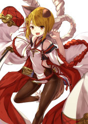 Rule 34 | 1girl, animal ears, arched back, bare shoulders, black pantyhose, blonde hair, blush, braid, breasts, brown eyes, claw pose, commentary request, detached sleeves, dog ears, dog tail, erune, granblue fantasy, hair ornament, highres, holding, holding sword, holding weapon, japanese clothes, katana, legs apart, looking at viewer, open mouth, pantyhose, rope, sheath, shimenawa, short hair, simple background, small breasts, smile, solo, standing, standing on one leg, sword, tail, unsheathed, vajra (granblue fantasy), weapon, white background, wide sleeves, yoshizawa tsubaki