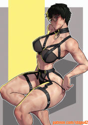 Rule 34 | 1girl, abs, absurdres, breasts, burn scar, choker, collar, green hair, highres, jujutsu kaisen, large breasts, lingerie, looking to the side, muscular, muscular female, patreon, round eyewear, scar, short hair, sitting, solo, stopu, thighs, toned, underwear, yellow eyes, zen&#039;in maki