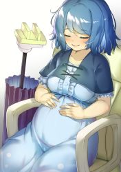 Rule 34 | 1girl, bad id, bad pixiv id, blue capelet, blue dress, blue hair, blue ribbon, blush, breasts, capelet, chair, closed eyes, collarbone, commentary request, dress, happy, large breasts, on chair, piyodesu, pregnant, ribbon, short hair, sitting, smile, solo, tatara kogasa, touhou, umbrella