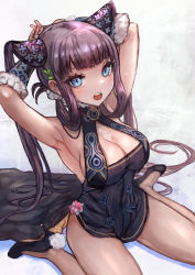 Rule 34 | 1girl, absurdres, armpits, arms behind head, arms up, bare shoulders, black dress, blue eyes, blunt bangs, blush, breasts, china dress, chinese clothes, cleavage, detached sleeves, dress, fate/grand order, fate (series), hair ornament, high heels, highres, large breasts, legs, long hair, looking at viewer, open mouth, purple hair, sabamiso taro, side slit, sidelocks, sitting, twintails, very long hair, wariza, yang guifei (fate), yang guifei (second ascension) (fate)