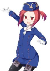 Rule 34 | 1girl, arm up, binsen, duel monster, gloves, hat, open mouth, pantyhose, pencil skirt, print pantyhose, red eyes, red hair, short hair, side ponytail, skirt, smile, solo, tour guide from the underworld, uniform, yu-gi-oh!