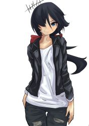 Rule 34 | 1girl, artist name, black hair, black jacket, black pants, blue eyes, bow, casual, closed mouth, commentary, cowboy shot, dark-skinned female, dark skin, denim, girls und panzer, hair bow, hair over one eye, highres, jacket, jeans, kakimoto nao, long hair, long sleeves, looking at viewer, ogin (girls und panzer), one-hour drawing challenge, pants, ponytail, red bow, shirt, signature, simple background, smile, solo, standing, torn clothes, torn jeans, torn pants, white background, white shirt
