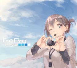 Rule 34 | 1girl, blue eyes, camcorder, card in mouth, cloud, day, heart, heart hands, mouth hold, one eye closed, original, product placement, sd card, sky, smile, solo, video camera, yomo (majidon)
