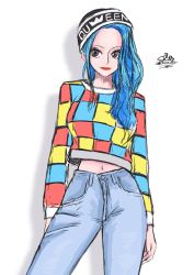 Rule 34 | 1girl, absurdres, beanie, blue hair, breasts, checkered clothes, checkered shirt, clothes writing, contrapposto, cowboy shot, denim, dress, english text, fashion, hat, highres, jeans, lipstick, long hair, long sleeves, makeup, medium breasts, midriff, navel, nefertari vivi, one piece, pants, purple eyes, shadow, sherumaru (korcht06), shirt, signature, simple background, smile, solo, standing, white background