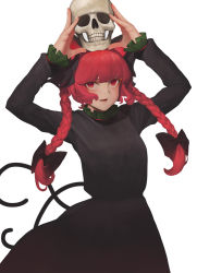Rule 34 | 1girl, animal ears, arms up, bad id, bad pixiv id, black bow, blunt bangs, bow, braid, cat ears, cat tail, collar, cowboy shot, frilled collar, frilled sleeves, frills, hair bow, holding, holding skull, kaenbyou rin, long hair, long sleeves, looking up, multiple tails, ni (221), on head, open mouth, popped collar, red eyes, red hair, sidelocks, simple background, skull, slit pupils, solo, tail, touhou, twin braids, two tails, white background
