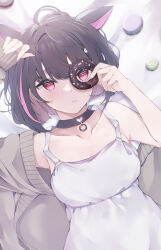 Rule 34 | 1girl, absurdres, alternate costume, animal ears, black choker, black hair, blue archive, blush, cardigan, cat ears, cat girl, choker, collarbone, colored inner hair, doughnut, dress, extra ears, food, grey cardigan, grey sweater, highres, hojiro same, kazusa (blue archive), lying, macaron, multicolored hair, no halo, on back, open cardigan, open clothes, parted lips, pink hair, red eyes, sleeveless, sleeveless dress, solo, sweater, two-tone hair, white dress