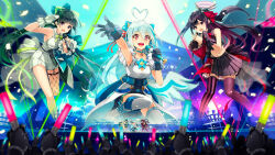 Rule 34 | 3girls, :d, ahoge, asymmetrical legwear, bare shoulders, black gloves, black hair, blue hair, bow, cheering, concert, crop top, detached sleeves, edo (oshiro project), fold-over boots, garter straps, gloves, glowstick, gradient hair, green ribbon, hair bow, heart, heart ahoge, highres, holding, holding glowstick, holding microphone, idol, kneeling, leaning forward, long hair, microphone, miniskirt, mismatched legwear, multicolored hair, multiple girls, music, navel, neck ribbon, on one knee, open mouth, oshiro project:re, outstretched arm, pleated skirt, ponytail, purple eyes, purple hair, purple thighhighs, red eyes, ribbon, second-party source, shigisan (oshiro project), shirt, short shorts, shorts, singing, single detached sleeve, single fishnet legwear, single garter strap, single glove, skirt, sleeveless, sleeveless shirt, smile, stage, stage lights, streaked hair, striped clothes, striped thighhighs, teeth, thighhighs, truss, upper teeth only, vertical-striped clothes, vertical-striped thighhighs, very long hair, white gloves, white hair, yanagawa (oshiro project), zettai ryouiki, zoom layer