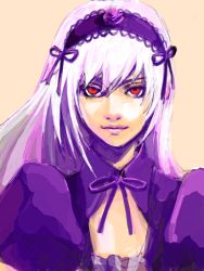Rule 34 | 00s, 1girl, bad drawr id, bad id, breasts, cleavage, dress, hairband, hironox, lolita hairband, looking at viewer, oekaki, purple dress, red eyes, rozen maiden, silver hair, small breasts, solo, suigintou, upper body