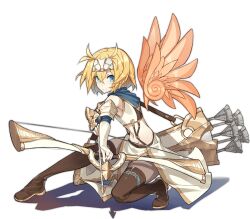 Rule 34 | 1girl, ark order, arrow (projectile), blonde hair, blue scarf, boots, bow (weapon), brown footwear, crop top, detached wings, drawing bow, elbow gloves, feathered wings, fighting stance, forehead protector, full body, gloves, gold trim, hair intakes, holding, holding arrow, holding bow (weapon), holding weapon, icarus (ark order), jewelry, kzhu, looking at viewer, midriff, official art, orange wings, quiver, ring, scarf, shirt, short hair, skirt, solo, squatting, stomach, tachi-e, thigh boots, thighhighs, transparent background, weapon, white gloves, white shirt, white skirt, wings
