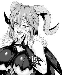 Rule 34 | 1girl, :d, asmodeus (sin nanatsu no taizai), bad id, bad twitter id, blush, breasts, bridal gauntlets, demon girl, demon horns, fellatio gesture, fur trim, greyscale, hair between eyes, horns, large breasts, long hair, looking at viewer, monochrome, open mouth, pointy ears, sidelocks, sin nanatsu no taizai, smile, solo, the seven deadly sins, tongue, tongue out, ulrich (tagaragakuin), underboob, upper body