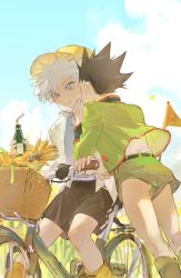 Rule 34 | 2boys, basket, belt, bicycle, black hair, blouse, blue eyes, blue sky, blush, brown shorts, cloud, cloudy sky, commentary request, drink, drinking straw, faceless, faceless male, flag, gon freecss, green jacket, green shorts, hat, holding, holding drink, hunter x hunter, jacket, killua zoldyck, male focus, multiple boys, panni xing, riding, riding bicycle, shirt, short hair, shorts, sitting, sky, soda bottle, spiked hair, whispering, white hair, white shirt