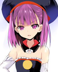 Rule 34 | 1girl, bare shoulders, detached collar, detached sleeves, disgust, fate/grand order, fate (series), flat chest, hand on own hip, hat, helena blavatsky (fate), looking at viewer, parted lips, purple eyes, purple hair, sen (astronomy), short hair, simple background, solo, white background