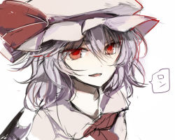 Rule 34 | 1girl, hair between eyes, hat, hat ribbon, light purple hair, looking at viewer, mob cap, nazuka (mikkamisaki), parted lips, purple hair, red eyes, remilia scarlet, ribbon, short hair, simple background, solo, speech bubble, talking, touhou, white background, wings