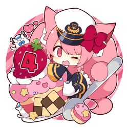 Rule 34 | &gt; &lt;, 1girl, ;d, animal, animal ear fluff, animal ears, azur lane, black jacket, black skirt, bow, cat, cat ears, cat girl, cat tail, checkerboard cookie, chibi, closed eyes, commentary request, cookie, diagonal stripes, food, frilled skirt, frills, fruit, hat, heart, jacket, long sleeves, looking at viewer, meowfficer (azur lane), military, military hat, military uniform, muuran, official art, one eye closed, open mouth, peaked cap, pink eyes, pink hair, pound (azur lane), red bow, sailor hat, skirt, sleeves past fingers, sleeves past wrists, smile, solo, spoon, strawberry, striped, striped background, tail, uniform, white background, white hat