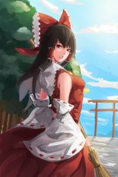 Rule 34 | 1girl, bird, blue sky, bow, breasts, broom, brown eyes, brown hair, cloud, collared shirt, commentary request, cowboy shot, day, detached sleeves, frilled bow, frilled hair tubes, frilled shirt collar, frills, hair bow, hair tubes, hakurei reimu, holding, holding broom, long hair, looking to the side, medium breasts, minami koyogi, outdoors, parted lips, red bow, red shirt, red skirt, ribbon-trimmed sleeves, ribbon trim, shirt, sidelocks, skirt, skirt set, sky, sleeveless, sleeveless shirt, solo, torii, touhou, tree, white sleeves, wide sleeves