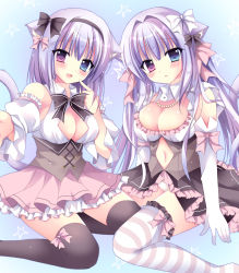 Rule 34 | 2girls, animal ear fluff, animal ears, black bow, black hairband, black legwear, black skirt, blue eyes, bow, breasts, cat ears, cat girl, cat tail, cleavage, clothing cutout, collared shirt, commentary request, detached sleeves, elbow gloves, frilled legwear, frilled shirt, frilled skirt, frills, gloves, hair bow, hair intakes, hairband, heterochromia, kirishima riona, large breasts, long hair, medium breasts, multiple girls, navel, navel cutout, original, pink bow, pink skirt, pleated skirt, purple eyes, purple hair, shirt, skirt, sleeveless, sleeveless shirt, striped clothes, striped legwear, striped thighhighs, tail, thighhighs, underbust, very long hair, white bow, white gloves, white shirt, white sleeves