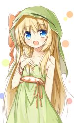 Rule 34 | 1girl, :d, bare arms, bare shoulders, blonde hair, blue eyes, blush, bow, bracelet, collarbone, dress, green dress, green hat, hair between eyes, hand on own chest, hat, jewelry, long hair, looking at viewer, multicolored polka dots, open mouth, orange bow, original, polka dot, simple background, smile, solo, strapless, strapless dress, tareme, very long hair, white background, yuuhagi (amaretto-no-natsu)