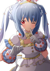 Rule 34 | 1girl, absurdres, ame., animal ear fluff, animal ears, blue hair, blush, braid, closed mouth, commentary request, dress, frilled sleeves, frills, gloves, grey gloves, hair between eyes, hands up, highres, hololive, index finger raised, long hair, looking at viewer, multicolored hair, one eye closed, rabbit-shaped pupils, rabbit ears, red eyes, short eyebrows, short sleeves, simple background, solo, symbol-shaped pupils, thick eyebrows, tiara, twintails, two-tone hair, upper body, usada pekora, usada pekora (pekoland princess), very long hair, virtual youtuber, white background, white dress, white hair