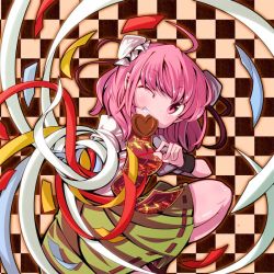 Rule 34 | 1girl, bad id, bad pixiv id, bandages, bun cover, candy, checkered background, chinese clothes, chocolate, chocolate heart, double bun, flower, food, heart, ibaraki kasen, oimo (imoyoukan), one eye closed, pink eyes, pink hair, short hair, skirt, smile, solo, tabard, touhou