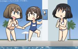 Rule 34 | 3girls, beach umbrella, bikini, black hair, blue eyes, blue one-piece swimsuit, blue sky, breasts, brown eyes, brown hair, cleavage, commentary request, dated, day, flying sweatdrops, full body, gradient sky, haguro (kancolle), hair ornament, hairband, hamu koutarou, highres, kantai collection, large breasts, looking up, maya (kancolle), multiple girls, name tag, one-piece swimsuit, open mouth, palm tree, poolside, school swimsuit, short hair, sky, standing, swimsuit, tanikaze (kancolle), tree, umbrella, water, white bikini, white hairband, x hair ornament, x navel