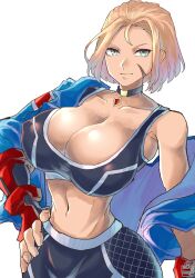 Rule 34 | 1girl, bare shoulders, blonde hair, breasts, cammy white, chikoinochi, cleavage, crop top, fingerless gloves, gloves, hand on own hip, highres, jacket, large breasts, midriff, navel, pants, short hair, smile, street fighter, street fighter 6