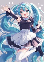 Rule 34 | 1girl, apron, aqua hair, aqua nails, arm up, armpits, black dress, black footwear, black sleeves, breasts, clenched hand, commentary request, detached sleeves, doroshii, dress, flower, foot out of frame, frilled dress, frills, green eyes, grey background, hatsune miku, highres, leg up, long hair, looking at viewer, maid, maid headdress, medium breasts, nail polish, open mouth, signature, simple background, smile, solo, thighhighs, twintails, very long hair, vocaloid, waist apron, waving, white apron, white headwear, white thighhighs