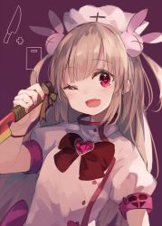 Rule 34 | 1girl, bandages, blush, bow, buttons, chef, commentary, cutting board, fang, hair ornament, hat, heart, heart-shaped pupils, holding, holding knife, kitchen knife, knife, light brown hair, long hair, looking at viewer, makihitsuji, natori sana, nurse cap, one eye closed, open mouth, pink hat, puffy short sleeves, puffy sleeves, rabbit hair ornament, red eyes, sana channel, short sleeves, smile, solo, symbol-shaped pupils, two side up, very long hair, virtual youtuber, white hat
