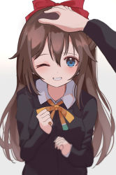 Rule 34 | 1girl, absurdres, aqua eyes, artist name, artist request, black cardigan, black jacket, blue eyes, blush, bow, breasts, brown hair, buttons, cardigan, collared shirt, female focus, hair between eyes, hair bow, hand on another&#039;s head, highres, ioring studio, jacket, long hair, long sleeves, looking at viewer, love live!, love live! nijigasaki high school idol club, nijigasaki academy school uniform, one eye closed, osaka shizuku, parted lips, ponytail, red bow, ribbon, school uniform, shirt, small breasts, smile, solo, teeth, upper body, white background, white shirt, yellow buttons, yellow neckwear, yellow ribbon