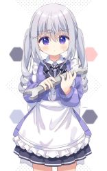 Rule 34 | 1girl, apron, black bow, black skirt, blush, bow, closed mouth, collared shirt, commentary, diagonal-striped bow, dress shirt, frilled apron, frills, grey hair, hair between eyes, hair ornament, hairclip, highres, holding, jacket, long hair, long sleeves, looking at viewer, nakkar, open clothes, open jacket, original, pleated skirt, puffy long sleeves, puffy sleeves, purple eyes, purple jacket, ringlets, shirt, skirt, solo, standing, sweat, twintails, white apron, white background, white shirt, wrench, x hair ornament