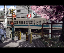 Rule 34 | 1boy, bad id, bad pixiv id, building, byousoku 5 centimeter, car, cherry blossoms, crossing, letterboxed, male focus, masso, motor vehicle, railroad crossing, real world location, sign, solo, stairs, train, tree, vehicle, vehicle focus