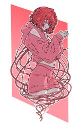 Rule 34 | 1girl, absurdres, ange katrina, clothing cutout, commentary, hair intakes, hair ornament, highres, hood, hood down, hoodie, looking at viewer, lozi, midriff, navel, nijisanji, outline, outline with lineart, own hands together, pink hoodie, pink nails, pink shorts, red hair, short hair, shorts, shoulder cutout, sleeves past wrists, symbol-only commentary, thighs, virtual youtuber, white outline