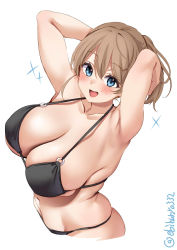 Rule 34 | 1girl, armpits, arms up, bikini, black bikini, blush, breasts, brown hair, collarbone, ebifurya, hair between eyes, highres, huge breasts, intrepid (kancolle), kantai collection, light brown hair, looking at viewer, navel, o-ring, o-ring bikini, one-hour drawing challenge, open mouth, ponytail, simple background, skindentation, smile, solo, sparkle, strap gap, string bikini, swimsuit, twitter username, underboob, white background
