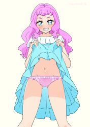 Rule 34 | 1girl, blue dress, blue eyes, blush, boh stick, clothes lift, crotch seam, dress, dress lift, frilled panties, frills, grin, groin, highres, laura la mer, lifted by self, long hair, looking at viewer, medium dress, navel, off-shoulder dress, off shoulder, panties, pink hair, pink panties, precure, simple background, smile, solo, standing, tropical-rouge! precure, twitter username, underwear, white background