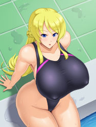 Rule 34 | 1girl, blonde hair, blue eyes, breasts, competition swimsuit, covered erect nipples, curvy, huge breasts, irina (kawanuma uotsuri), kawanuma uotsuri, long hair, one-piece swimsuit, original, solo, swimsuit, wide hips