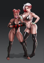 Rule 34 | 2girls, arm on another&#039;s shoulder, armlet, artist name, bandaged hand, bandaid, bandaid on face, bandaid on nose, bare shoulders, bikini, black bikini, black choker, black footwear, black leotard, boots, boxing gloves, breasts, bubble (dandon fuga), blowing bubbles, character name, chewing gum, choker, collarbone, dandon fuga, double bun, earrings, gradient background, grey background, grey eyes, hair bun, hand on own hip, highleg, highleg leotard, highres, jewelry, large breasts, latex, latex leotard, leotard, mole, mole under mouth, multicolored hair, multiple girls, navel, original, pink hair, red hair, red lips, rose (dandon fuga), shadow, spiked armlet, stirrup legwear, swimsuit, thigh boots, toeless legwear, two-tone hair, white hair, wrist wrap, yellow eyes