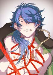 Rule 34 | 1boy, absurdres, arisugawa dice, blue hair, blush, clenched teeth, grey background, hair over one eye, highres, hypnosis mic, jacket, long hair, male focus, open clothes, open jacket, ponytail, pov, protected link, red rope, rope, shibari, simple background, solo, surprised, sweatdrop, teeth, topless male, tsubasa (artist), upper body
