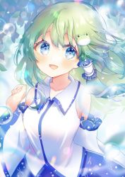 Rule 34 | 1girl, :d, absurdres, arm behind back, blue eyes, blue skirt, bubble, collared shirt, detached sleeves, frog hair ornament, green hair, hair ornament, hair tubes, heart, highres, kochiya sanae, light particles, long hair, looking at viewer, open mouth, shirt, skirt, smile, snake hair ornament, solo, standing, suzukkyu, touhou, white shirt, wide sleeves