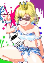 Rule 34 | 1girl, ;), armlet, bare shoulders, bikini, blonde hair, blooper (mario), blue eyes, bracelet, breasts, closed mouth, collarbone, crown, dual persona, earrings, horizontal pupils, jewelry, kumarno, looking at viewer, mario (series), medium breasts, navel, new super mario bros. u deluxe, nintendo, one eye closed, paint splatter, pointy ears, ponytail, short hair, smile, solo, squid, suction cups, super crown, swimsuit, tentacle hair, thighs, tongue, tongue out, white bikini