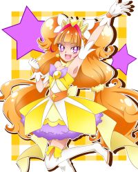 Rule 34 | 1girl, :d, amanogawa kirara, armpits, bare shoulders, blunt bangs, checkered background, choker, cure twinkle, earrings, eyelashes, frilled skirt, frills, gloves, go! princess precure, hair ornament, highres, jewelry, long hair, looking at viewer, low-tied long hair, magical girl, multicolored hair, open mouth, orange hair, precure, purple eyes, quad tails, skirt, smile, solo, star (symbol), star earrings, streaked hair, takayama zeruda, thighhighs, twintails, two-tone hair, very long hair, white background, white gloves, white thighhighs, zettai ryouiki