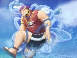 Rule 34 | 1boy, backwards hat, bara, baseball cap, black male swimwear, bracelet, chain, chain necklace, facial hair, facial scar, gangster, goatee, goggles, goggles around neck, gold necklace, grin, hat, highres, jewelry, jumping, konpei daidai, large pectorals, leg up, long sideburns, looking at viewer, male focus, male swimwear, multiple rings, muscular, muscular male, necklace, official alternate costume, pectorals, print shirt, ring, rugby ball print, scar, scar on cheek, scar on face, shirt, short hair, sideburns, sleeveless, sleeveless shirt, smile, solo, spirit, stubble, sunglasses, swim trunks, tamamura gunzo, thick eyebrows, tokyo houkago summoners