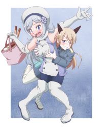Rule 34 | 10s, 2girls, aila jyrkiainen, armpits, bag, baozi, bare shoulders, black legwear, blonde hair, blue eyes, blush, boots, grabbing another&#039;s breast, breasts, crossover, eila ilmatar juutilainen, elbow gloves, food, gloves, grabbing, grin, gundam, gundam build fighters, hat, large breasts, long hair, long sleeves, military, military uniform, multiple girls, name connection, open mouth, pantyhose, purple eyes, sasuke10g, silver hair, smile, strike witches, thigh boots, thighhighs, uniform, wavy mouth, white legwear, world witches series, yuri