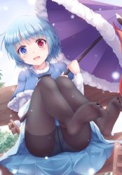 Rule 34 | 1girl, adapted costume, bench, black pantyhose, blue capelet, blue eyes, blue hair, blue skirt, capelet, commentary request, crotch seam, feet, fur-trimmed capelet, fur trim, geta, heterochromia, highres, karakasa obake, long sleeves, looking at viewer, lzh, no shoes, open mouth, panties, panties under pantyhose, pantyhose, pleated skirt, red eyes, shirt, short hair, sitting, skirt, snow, snowing, solo, tatara kogasa, toes, touhou, umbrella, underwear, white panties, white shirt, winter