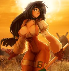 Rule 34 | 1girl, absurdres, ass, black choker, black hair, bodysuit, breasts, brown eyes, building, cameltoe, choker, cleavage, collarbone, covered erect nipples, covered navel, eyeliner, female focus, final fantasy, final fantasy ix, garnet til alexandros xvii, gloves, grass, hair ornament, highres, huge ass, large breasts, lips, lipstick, long hair, makeup, mountain, orange bodysuit, orange sky, pink lips, puffy sleeves, red gloves, reliusmax, scepter, shiny clothes, shiny skin, short ponytail, sky, solo, square enix, strap, sun, thick thighs, thigh strap, thighs, very long hair, wand, white sleeves