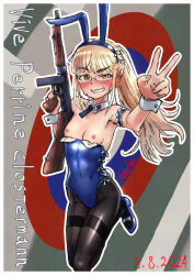 1girl animal_ears black_pantyhose blonde_hair blue_leotard blush breast_slip breasts character_name covered_navel dated fake_animal_ears glasses gun highres leotard long_hair looking_at_viewer nipples pantyhose perrine_h._clostermann playboy_bunny ponytail rabbit_ears rifle shiri_chin small_breasts smile solo strike_witches v weapon world_witches_series yellow_eyes