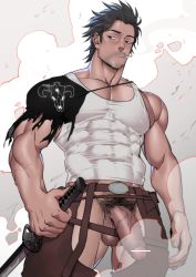 Rule 34 | 1boy, abs, absurdres, bar censor, bara, beard, black capelet, black clover, black hair, brown pants, capelet, censored, clothing cutout, covered abs, cowboy shot, crotchless, crotchless pants, erection, facial hair, flaccid, highres, large pectorals, male focus, male pubic hair, mature male, muscular, muscular male, pants, pectoral cleavage, pectorals, penis, pubic hair, shirt, sidepec, solo, stubble, suyohara, tank top, taut clothes, taut shirt, testicles, thick thighs, thigh cutout, thighs, torn capelet, torn clothes, veins, veiny penis, white tank top, yami sukehiro