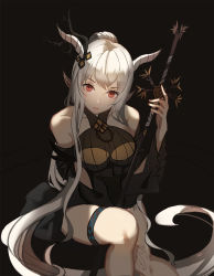 Rule 34 | arknights, bad leg, black background, comic, concept art, exercising, long hair, pointy ears, red eyes, self-upload, shining (arknights), sitting, solo, thigh strap, very long hair