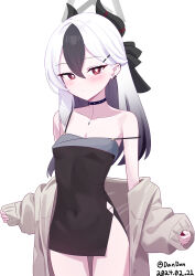 Rule 34 | 1girl, absurdres, bare shoulders, black choker, black dress, black hair, black horns, blue archive, blush, breasts, bright pupils, choker, covered navel, cowboy shot, dandan (uaee4742), dress, grey halo, grey jacket, hair between eyes, halo, highres, horns, jacket, kayoko (blue archive), kayoko (dress) (blue archive), long hair, looking at viewer, multicolored hair, red eyes, simple background, sleeveless, sleeveless dress, small breasts, solo, strap slip, two-tone hair, white background, white hair, white pupils