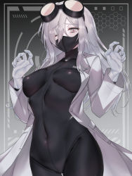 Rule 34 | 1girl, bodysuit, breasts, commentary request, covered erect nipples, covered navel, gloves, goggles, goggles on head, grey eyes, grey hair, highres, impossible bodysuit, impossible clothes, lab coat, long hair, looking at viewer, mask, medium breasts, mole, mole under eye, mouth mask, one eye closed, original, skin tight, solo, yoineya