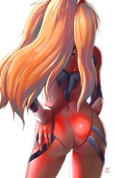 Rule 34 | 1girl, ass, blush, bodysuit, commentary, cowboy shot, english commentary, finalcake, from behind, gloves, hair ornament, hand on own hip, highres, long hair, looking at viewer, neon genesis evangelion, orange hair, plugsuit, red bodysuit, red gloves, signature, simple background, skin tight, solo, souryuu asuka langley, standing, two side up, white background